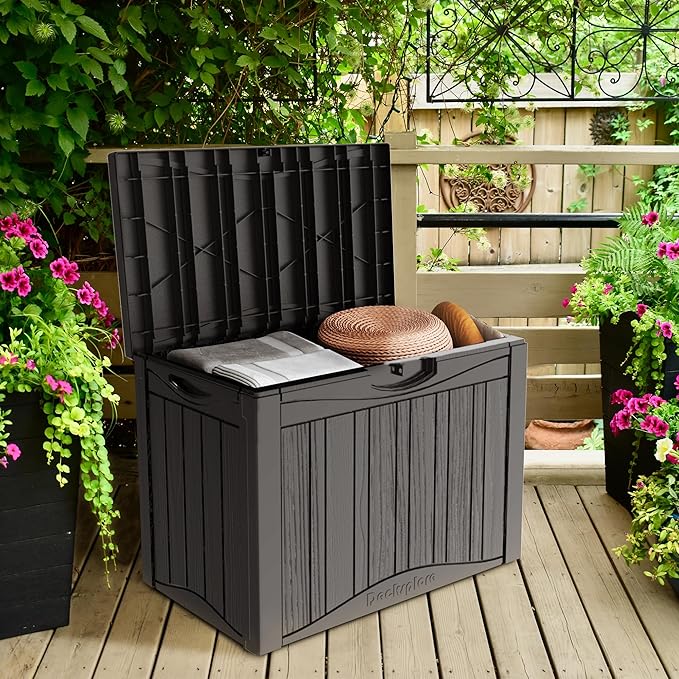 45 Gallon Double-Wall Resin Deck Box - Lockable Waterproof Outdoor Storage Box, 515bs Capacity & Doubles as Seating for Patio Furniture - Garden Tools, Pool Accessories (Brown)-CasaMuseHome