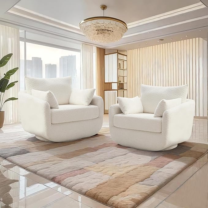 360° Swivel Accent Armchair Set of 2, 39.3" Oversized, Sherpa Boucle Fabric Sofa Chair with Removable Back & Arm Pillows, Swivel Chairs with Cozy Soft Padded, No Assembly Required, White-CasaMuseHome