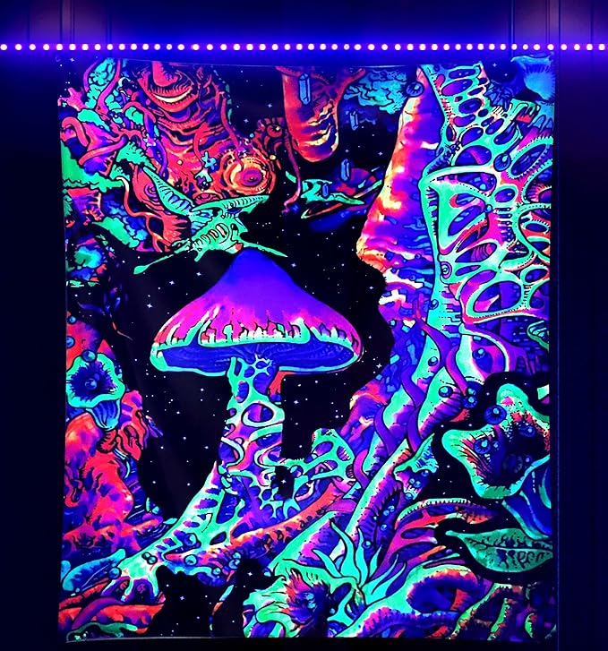 ADDWel Blacklight Mushroom Tapestry, Upright Tapestry Glow In The Dark, UV Reactive Black Light Tapestries Posters Wall Hanging for Bedroom Dorm Living Room Backdrop Decor (mushroom, 30" x 40")-CasaMuseHome