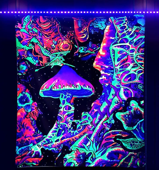 ADDWel Blacklight Mushroom Tapestry, Upright Tapestry Glow In The Dark, UV Reactive Black Light Tapestries Posters Wall Hanging for Backdrop Bedroom Dorm Living Room Decor(70"x90")-CasaMuseHome