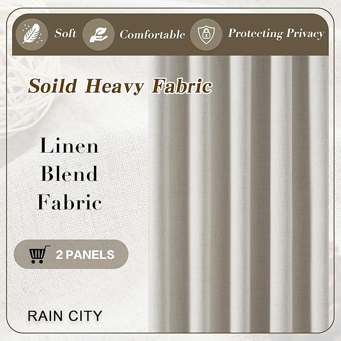 144 Inch Blackout Curtains 2 Panels Linen Textured 2 Story Extra Long Noise Reducing Curtains for Large Window Back Tab Pleated Look Rod Pocket with Hooks 50W x 144L,12 Ft Length Natural Birch/Ivory-CasaMuseHome