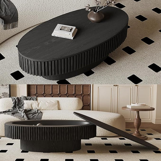 47.2''Oval Coffee Table with Storage, Mid Century Modern Fluted Drum Center Tables with Lid, Solid Wood Side Pedestal Coffee Table Tea Table for Living Room, Bedroom, Apartment-Black-CasaMuseHome