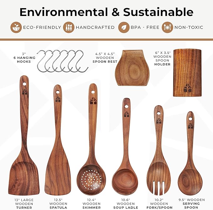 8 Pcs Teak Wooden Utensil Set with Holder, Spoon Rest & 6 Hooks - Durable Wooden Spoons for Cooking with Comfort Grip - Effortless Clean, Non-Stick Friendly-CasaMuseHome