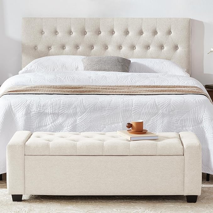 48" Ottoman with Storage, Storage Ottoman Bench with Safety Hinge, Upholstered Entryway Bench with Seating for Bedroom, Living Room, Holds up to 330 lb, Beige-CasaMuseHome