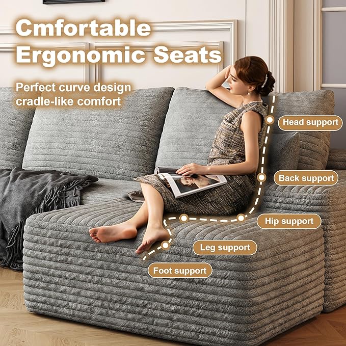 108" Sectional Couches for Living Room Modern Modular Sofa with L-Shape Couchs Upholstered Boneless Couch Deep Seat Sectional Couch with Chaise (Grey, Left Facing Chaise+2Seaters+1Ottoman)-CasaMuseHome