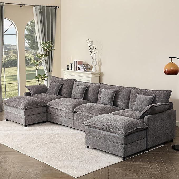 142.5" U Shaped Couch, Modular Sectional Sofa, 3-Seater Comfy Cloud Couch with Movable Ottoman, Deep Seat Couches for Living Room, Chenille, Slate-CasaMuseHome