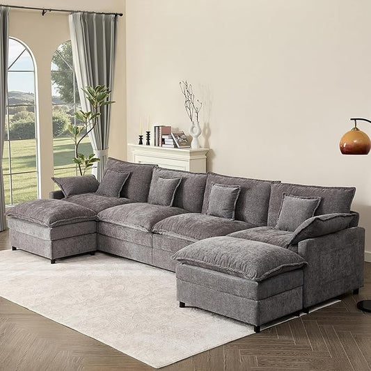 142.5" U Shaped Couch, Modular Sectional Sofa, 3-Seater Comfy Cloud Couch with Movable Ottoman, Deep Seat Couches for Living Room, Chenille, Slate-CasaMuseHome