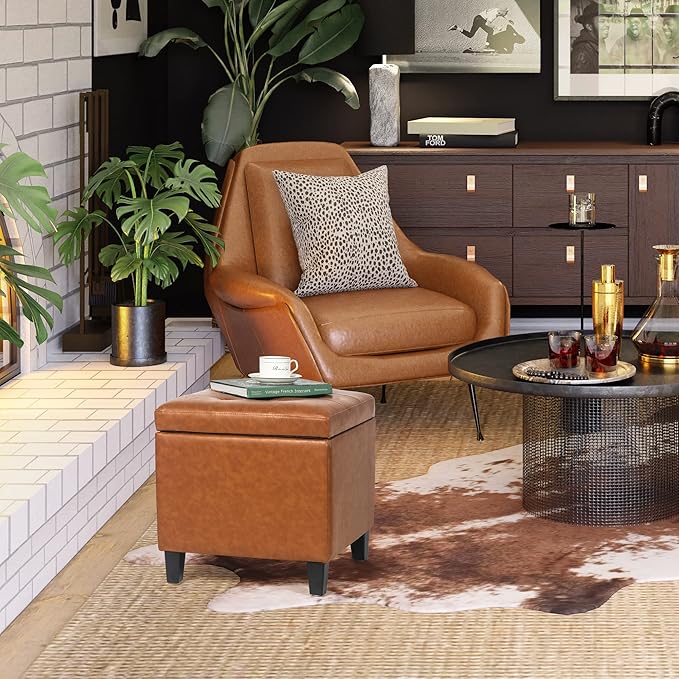 Adeco 17.7" Leather Cube Storage Orange Ottomans for Living Room-CasaMuseHome