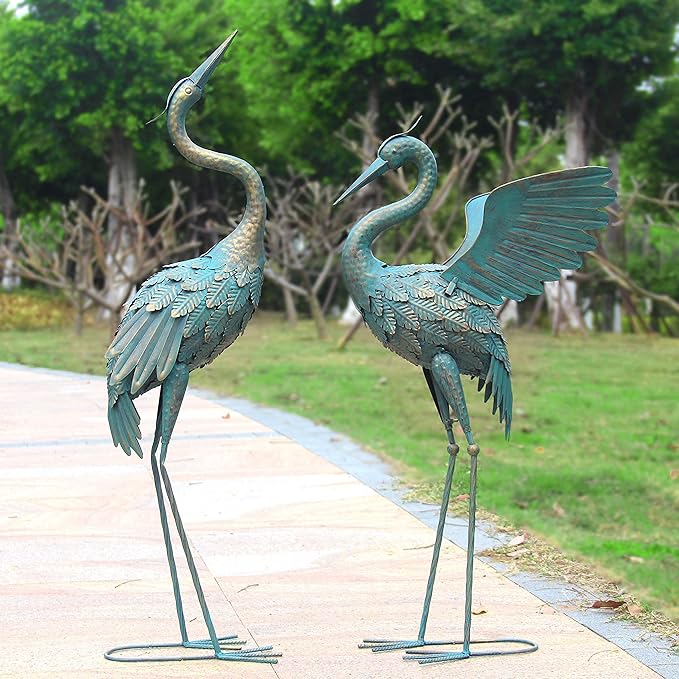33-37 Inch Metal Crane Garden Statue Décor, Bird Garden Sculpture & Statues, Outdoor Decoration for Yard Patio Lawn Backyard Pool, Vintage Spread Wings Crane, Set of 2-CasaMuseHome