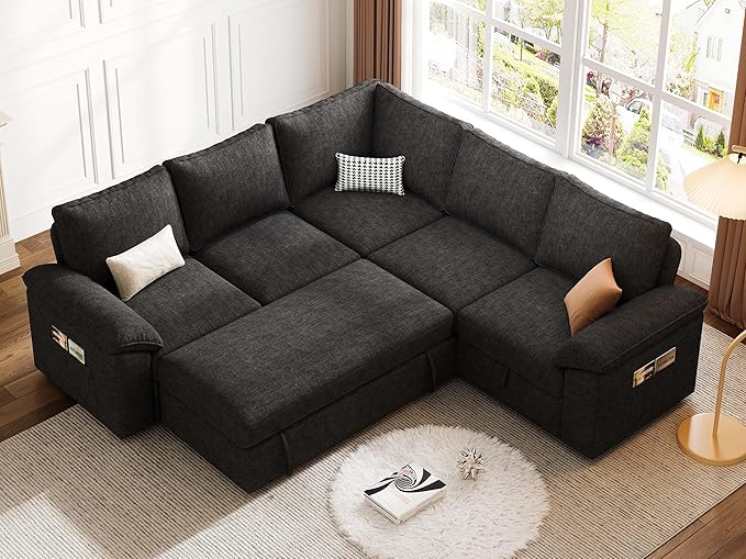 85 Inch Modular Sectional Sofa with Pull Out Bed,L Shaped 5 Seat Sectional Sleeper Sofa with Storage,Sectional Couches for Living Room,Cloud Modular Couch,Removable Sofa Cover,Black-CasaMuseHome