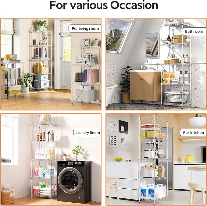 5 Tiers Shelf Metal Storage Shelves Wire Rack Closet Organizers with Wheel for Garage Kitchen Bathroom Laundry Chrome 11.8" D x 17.7" W x 55" H-CasaMuseHome