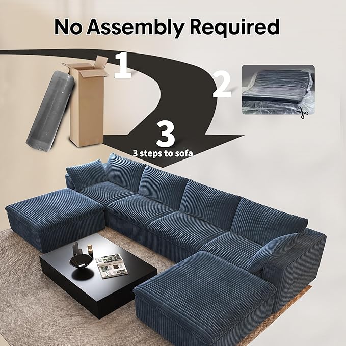 157.5" U Shaped Modern Sofa Modular Sectional Cloud Couch with 2 Ottoman,Deep Seat Upholstered Couches with Corduroy Fabric for Living Room Furniture,Bedroom and Apartment,No Assembly Required,Blue-CasaMuseHome