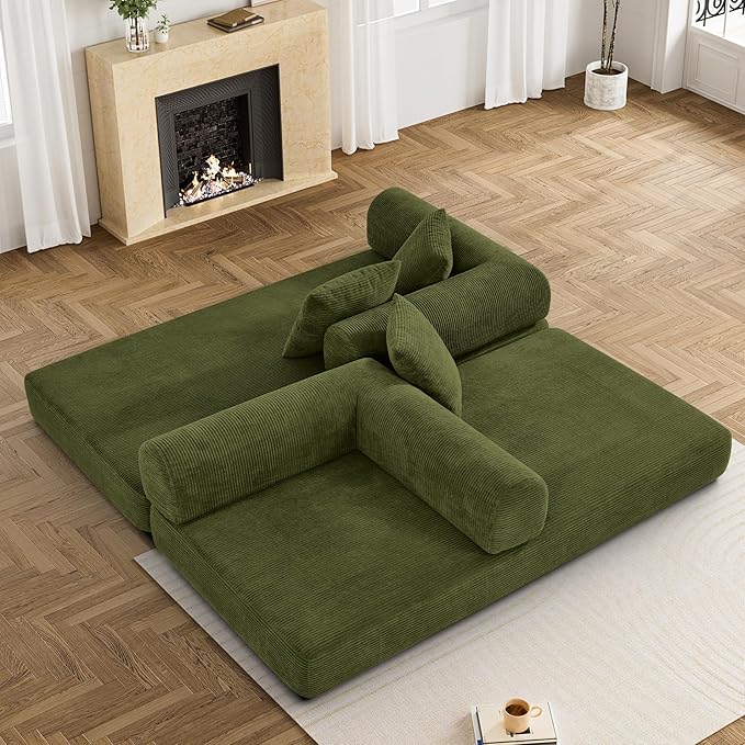 80.3" Convertible Sleeper Sofa Bed with Cylindrical Pillow, Corduroy Folding Mattress Couch with Fixed-Shape Frame, Modular Floor Sofa Lounge Couch for Living Room Bedroom Lounge, Green-CasaMuseHome