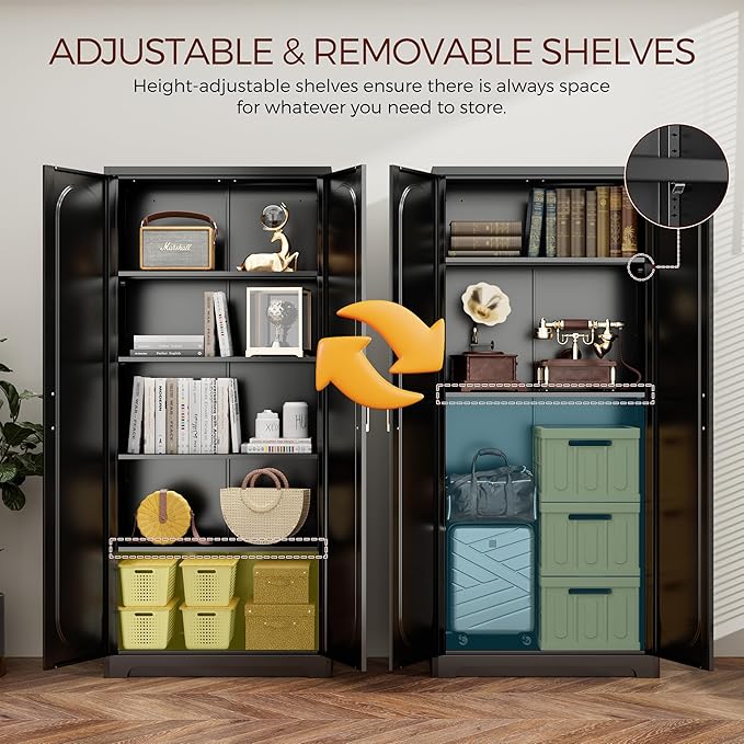 71" Tall Metal Pantry Cabinet with 4 Adjustable Shelves and Gold Handles Heavy-Duty Steel Storage for Kitchen, Dining Room or Office-CasaMuseHome