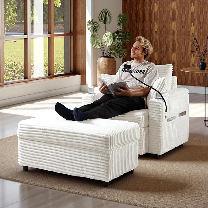 Accent Chair with Storage Ottoman Upholstered Living Room Chairs for Reading Chair with Chaise Lounge Chairs Indoor, Comfortable Armchair for Bedroom-CasaMuseHome