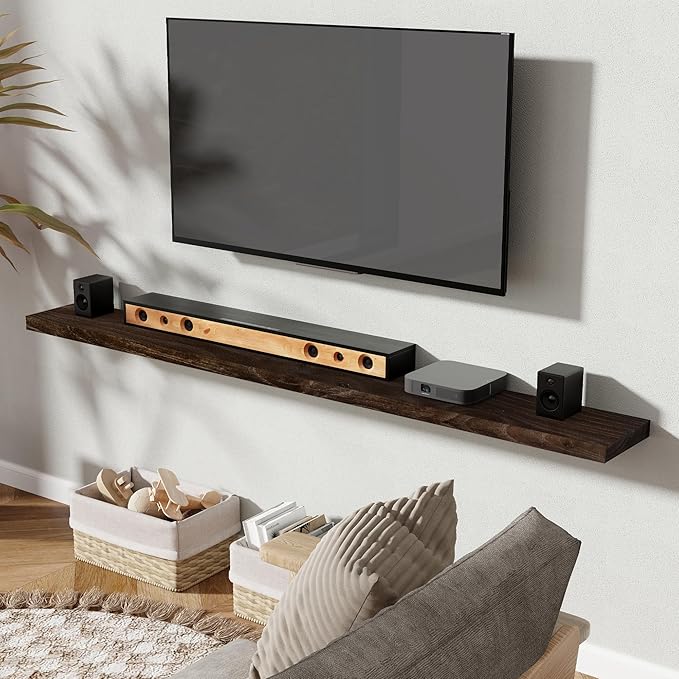 72" Floating Shelves for Wall, Rustic Elm Wood Floating Shelf for Home Decor, Wall-Mounted Display Shelves with Heavy-Duty Bracket, Long Floating Shelf for Bathroom, Kitchen, Living Room, Walnut Color-CasaMuseHome