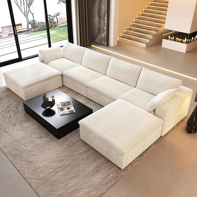 157.5" U Shaped Modern Sofa Modular Sectional Cloud Couch with 2 Ottoman,Deep Seat Upholstered Couches with Corduroy Fabric for Living Room Furniture,Bedroom and Apartment,No Assembly Required,White-CasaMuseHome