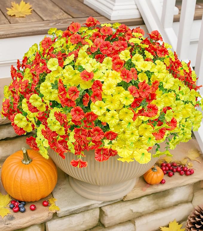 Artificial Mums for Outdoors Fake Fall Flowers Plants for Autumn Decoration, 12 Bundles Silk Morning Glory with Eucalyptus Look Real UV Resistant Faux Mums for Outside Planters Yard Patio Porch, Mix