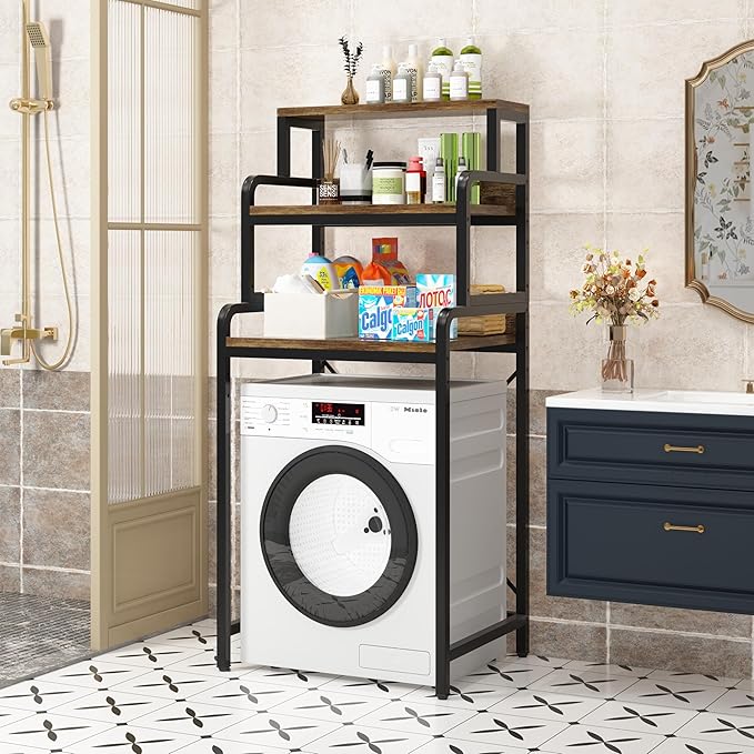 3-Tier Bathroom Room Shelf Washing Machine Storage Utility Rack Over The Toilet Washer Dryer Storage Bathroom Organizer Rack Space Saving Shelving Units Clothes Dryers Shelf-CasaMuseHome