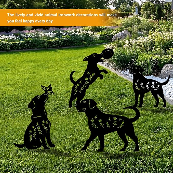 4 Pack Dog Metal Garden Decorative Stakes, Weather Proof Puppy Silhouette Statues for Yard, Patio,Outdoor Decor for Dog Lovers and Pet Owners-CasaMuseHome