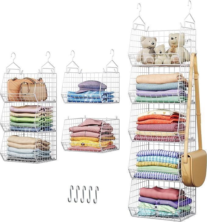 5 Tier Closet Hanging Organizer, Clothes Hanging Shelves with 4 Hanging Hooks 5 S Hooks, Wire Storage Basket Bins, for Clothing Sweaters Shoes Handbags Clutches Accessories Patent Design-White-CasaMuseHome