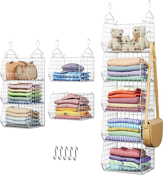 5 Tier Closet Hanging Organizer, Clothes Hanging Shelves with 4 Hanging Hooks 5 S Hooks, Wire Storage Basket Bins, for Clothing Sweaters Shoes Handbags Clutches Accessories Patent Design-White-CasaMuseHome