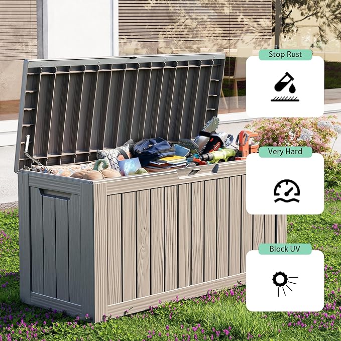 86 Gallon Outdoor Deck Box,Storage Lockable Waterproof Patio Furniture,Garden Tools,Cushions,Pool Accessories Outside Storage Resin Box(Grey)-CasaMuseHome