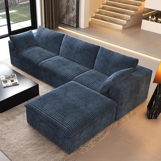 118" L Shaped Modern Sofa Modular Sectional Cloud Couch with Ottoman,Deep Seat Upholstered Couches with Plush Corduroy Fabric for Living Room Furniture,Bedroom and Apartment,No Assembly Required,Blue-CasaMuseHome