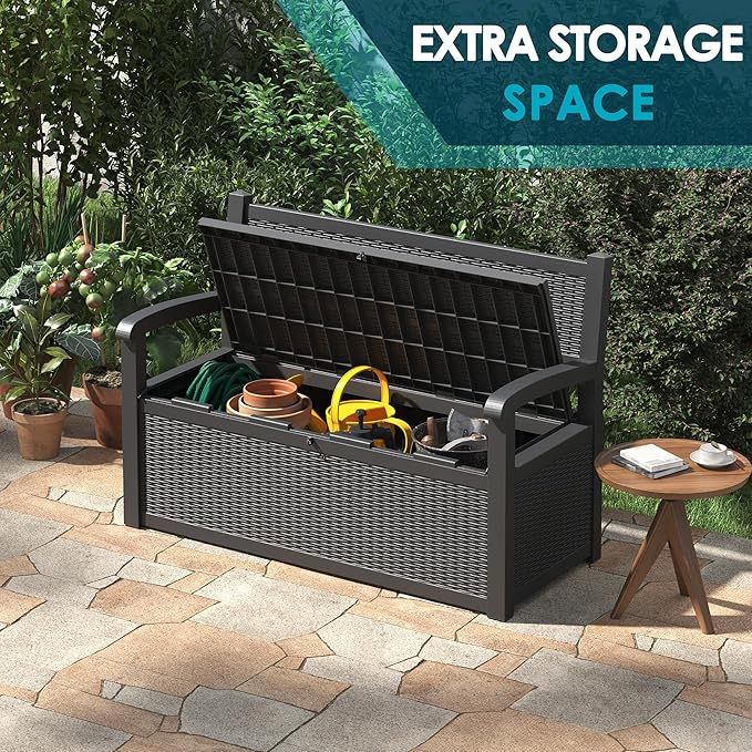 70 Gallon Storage Bench Deck Box for Patio Furniture with Armrest Bench Outdoor Storage-CasaMuseHome