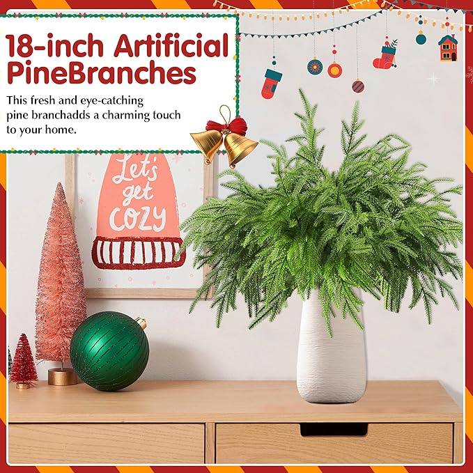 12Pcs Artificial Norfolk Pine Branches 18" Plastic Christmas Plants Decor Faux Greenery Stems Pine Picks Outdoor Faux Plants UV Resistant for Xmas Indoor, Front Porch Home Décor (12, 18inch)-CasaMuseHome