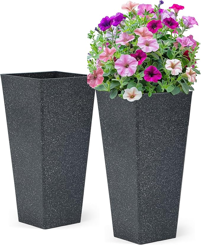 28" Large Tall Planters for Outdoor Plants, Set of 2 V-Shaped Planter Box with Black Terrazzo Look, Durable and Weather Resistant, Ideal or Garden, Patio, Porch or Home use.-CasaMuseHome