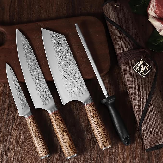 KOFERY 5PCS Chef and BBQ Knife Set with Roll Bag, High Carbon Stainless Steel Knives for Precise Cooking, Outdoor Meat Cutting(Include Sharpening Steel)-CasaMuseHome