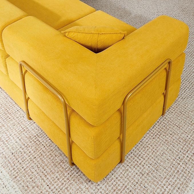 108" Oversized Convertible Sleeper Sofa Bed, Corduroy L Shape Sectional Couch, Folding Sofa Bed with Side Pocket, Modern Cloud Floor Mattress Couch, Modular Sofa for Living Room, Yellow-CasaMuseHome