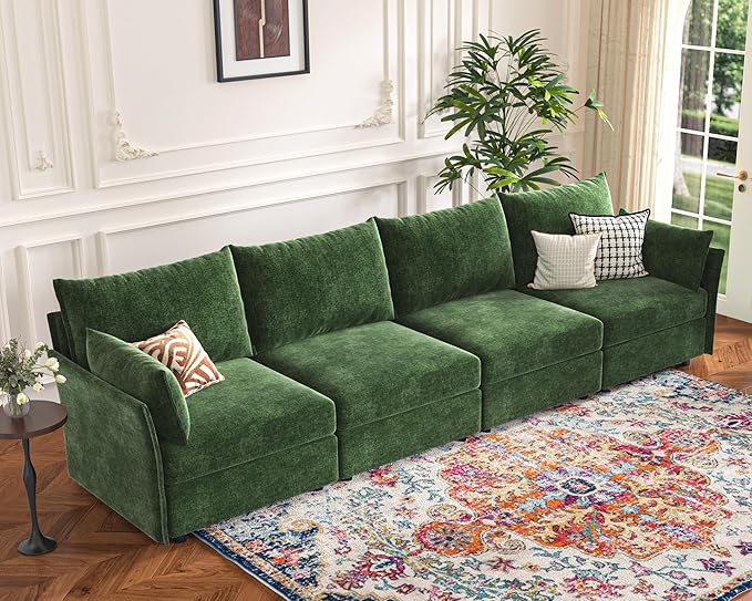 134.6" Modular Sectional Sofa, Oversized 4 Seater Green Couch with Removable Chenille Fabric Cover, Deep Seat & High Backrest for Living Room, Office & Apartment-CasaMuseHome