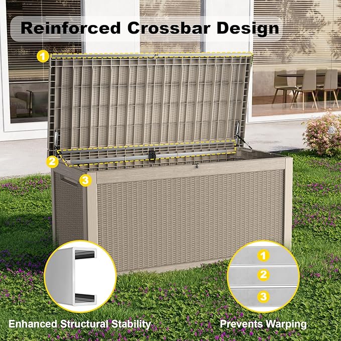 260 Gallon Outdoor Deck Box,Storage Lockable Waterproof Patio Furniture,Garden Tools,Cushions,Pool Accessories Outside Storage Resin Box(Grey)-CasaMuseHome