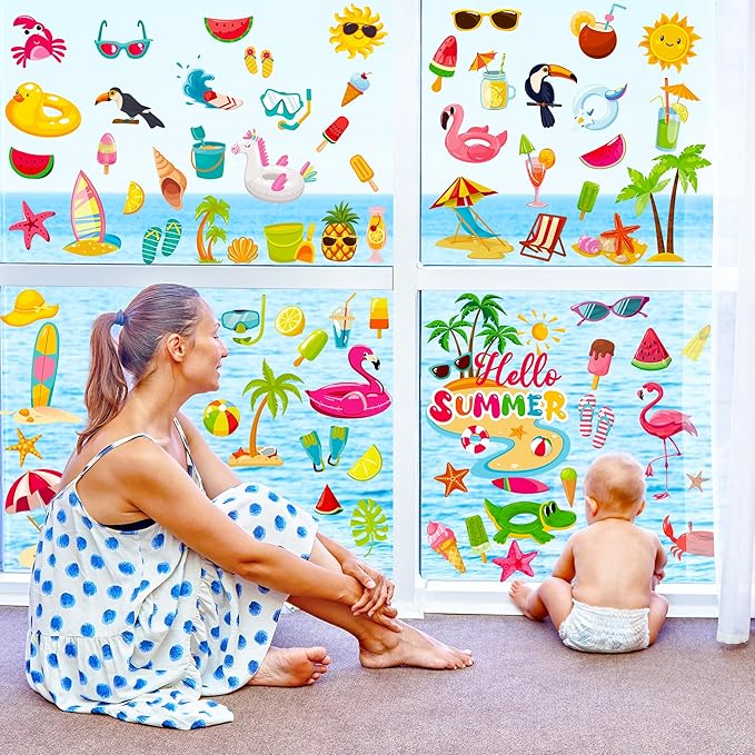 9 Sheets Summer Window Clings, Double Sided Summer Window Clings for Glass Windows, Hello Beach Decals, Sun Watermelon Pattern Stickers for Home Office Accessories Decorations-CasaMuseHome
