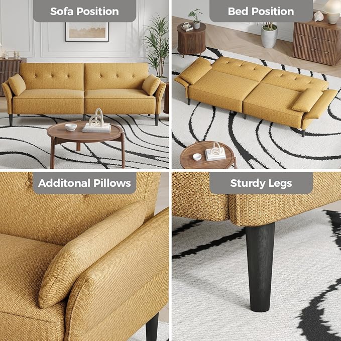 89” Futon Sofa Bed, Linen Comfy Futon Couch Bed with 2 Square Pillows, Convertible Sleeper Sofa with Adjustable Backrest& Armrests, Modern Loveseat Sleeper for Living Room, Bedroom, Yellow-CasaMuseHome