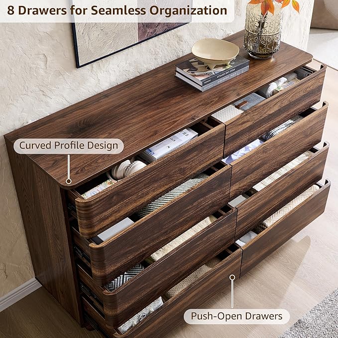 8 Drawer Dresser for Bedroom, 52 Inch Wide Modern Chest of Drawers, Push-to-Open Wood Storgae Organizer with Large Drawers for Bedroom, Living Room, Hallway,Brown-CasaMuseHome