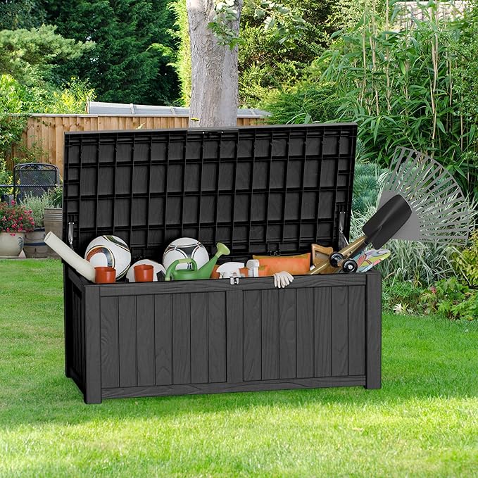 150 Gallon Outdoor Storage Box Patio Deck Box Waterproof, Resin Lockable Outside Large Storage Bin for Pool Cushion Furniture, Garden Tools UV-Resistant, Black-CasaMuseHome