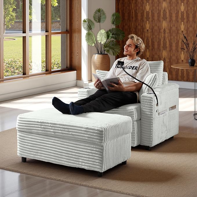 Accent Chair with Storage Ottoman Upholstered Living Room Chairs for Reading Chair with Chaise Lounge Chairs Indoor, Comfortable Armchair for Bedroom-CasaMuseHome