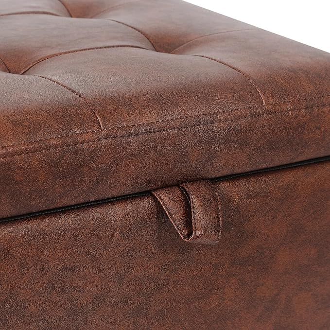 Adeco Faux Leather Storage Ottoman Bench with Wood Legs, 17.7" Square Red and Brown PU Cube Foot Stool, Upholstered Button Tufted Vanity Chair with Hinged Lid for Living Room, Bedroom, Dorm-CasaMuseHome