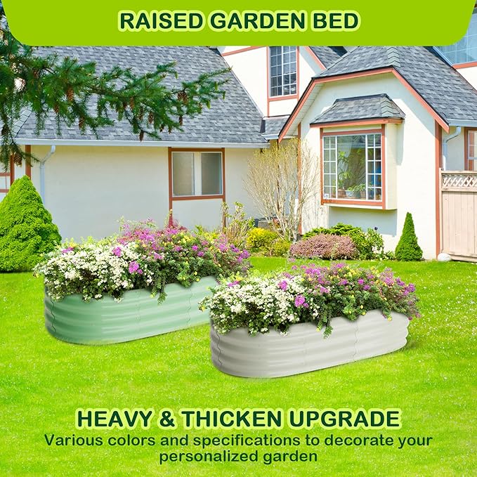 2 Pcs 4.5x2x2ft Oval Raised Garden Bed, Galvanized Raised Beds,Open-Ended Base Metal Raised Planter Beds,Garden Bed Outdoor,Planter Raised Boxes for Vegetables, Flowers,Tool-Free Asse,White-CasaMuseHome