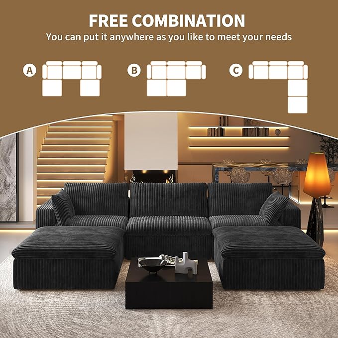 118" U Shaped Modern Sofa Modular Sectional Cloud Couch with 2 Ottoman,Upholstered Couches with Plush Corduroy Fabric for Living Room Furniture,Bedroom and Apartment,No Assembly Required,Black-CasaMuseHome
