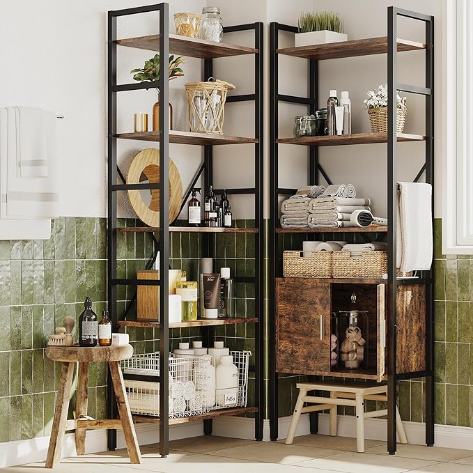 70 x70" Triple 5 Tier Book Shelf, Industrial Large Bookcase with Storage Cabinet, Tall Bookshelf with 14 Open Display Shelves Metal Frame Furniture for Living Room Bedroom Home Office Rustic Brown-CasaMuseHome