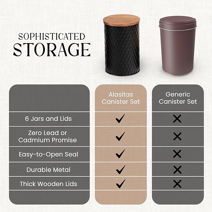 6 Canister Set for the Kitchen Countertop – Metal Food Storage Canisters with Airtight Lids for Flour, Tea, Crafts, Coffee, & Sugar – Container Set with Modern Wood Lids, Black-CasaMuseHome