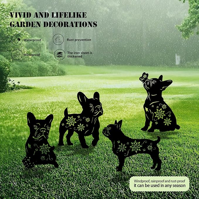 4 Pack Bulldog Metal Garden Decorative Stakes, Weather Proof Puppy Silhouette Statues for Yard, Patio,Outdoor Decor for Bulldog Lovers and Pet Owners-CasaMuseHome