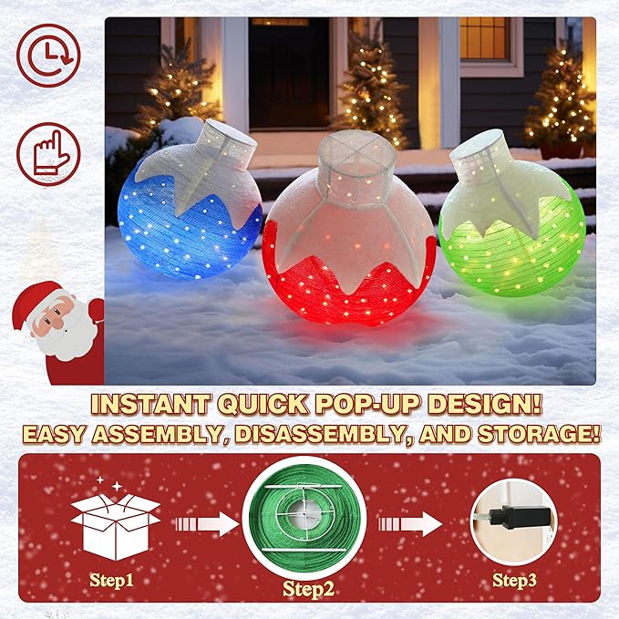 36 Inch Pop-Up Christmas Ball with 90 LED Lights for Outdoor Xmas Decor, 3-Piece Pre-Lit Iridescent Christmas Ball Ornaments Decor with Base, Outdoor 3D Glittered Standing Holiday Display-CasaMuseHome