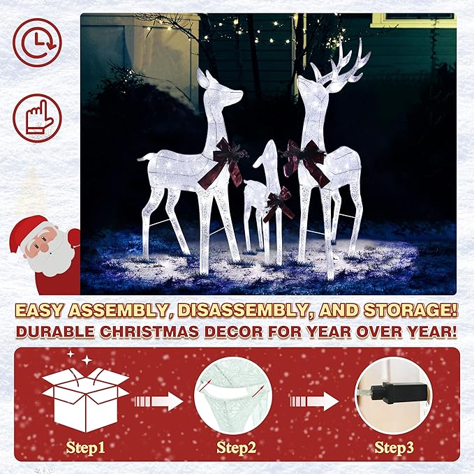 4.5FT Lighted Reindeer Family Set for Christmas Decoration, 3 Pieces Pre-Lit Iridescent Deer Xmas Decor with 200 LED Lights, 3D Glittered Standing Holiday Display for Outdoor, Indoor, White-CasaMuseHome