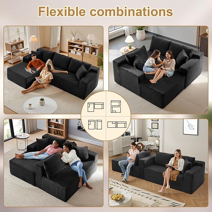 108" Sectional Couches for Living Room Modern Modular Sofa with L-Shape Couchs Upholstered Boneless Couch Deep Seat Sectional Couch with Chaise (Black, Left Facing Chaise+2Seaters)-CasaMuseHome