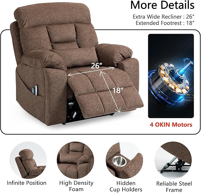 4 OKIN Motor Power Lay Flat Lift Recliner Chair for Elderly Adults Big and Tall Recliners with Heat Massage, Adjustable Head-Back-Lumbar-Leg-Support, Extended Footrest, 2 Cup Holders-CasaMuseHome